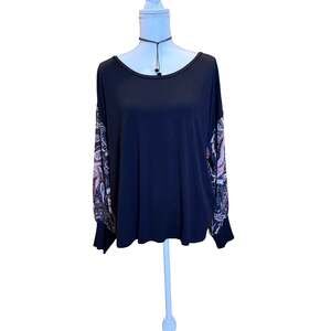 Chico's Black Long Sleeve Knit Top with Paisley Pattern Woven Sleeves